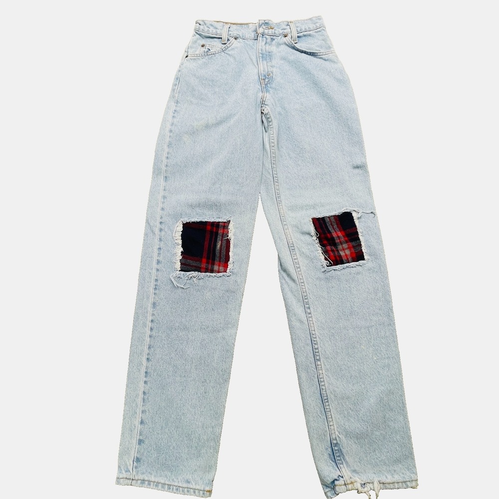 Vtg Levis Patchwork Denim Jeans Student 27x32 Blue Faded Light Wash Relaxed Fit